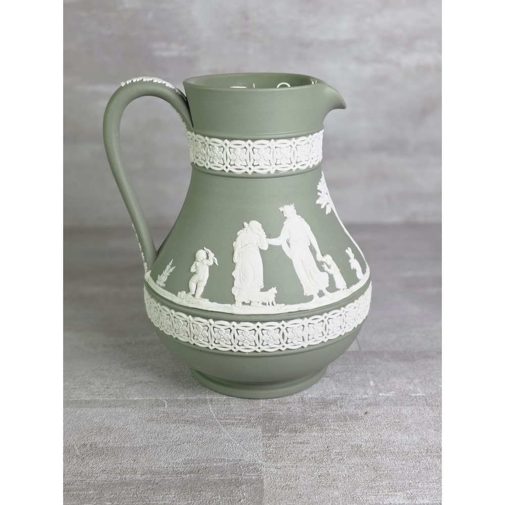 Antique Wedgwood Sage Green Jasperware Etruscan Shaped Jug 6" Neoclassical 1930s